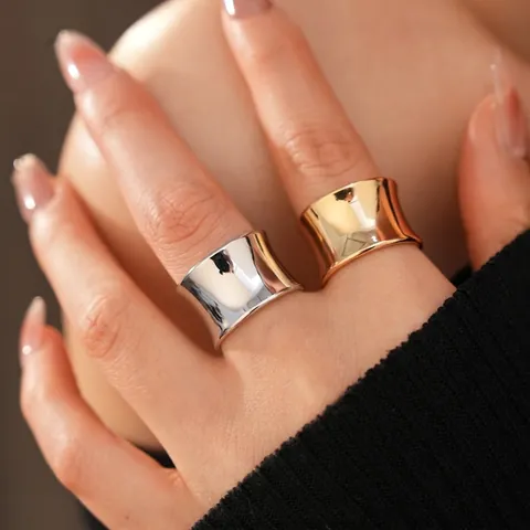 Minimalist Wide Band Concave Open Ring Polished Copper Adjustable Fashion Jewelry For Women Modern Style