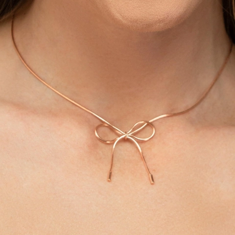 Large Bow Pendant Necklace 18K Gold Plated Copper Fine Snake Chain Clavicle Neckpiece Elegant Minimalist Jewelry For Women