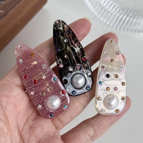Acetate Duckbill Hair Clips Elegant Rhinestone Faux Artificial Pearl Side Bangs Clip Geometric Ponytail Holder Accessory For Women