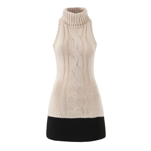Mouwloze Gebreide Mini Jurk Met Col Contrasterende Zoom Slim Fit Acrylmix Casual Chic Voor Dames