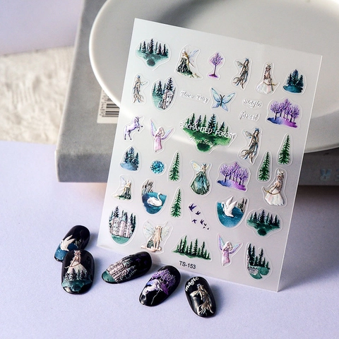 5D Geprägte Nagelaufkleber Zauberwald Blumenfee Einhorn Schloss Wasserdichte Selbstklebende Nailart Decals Für Frauen