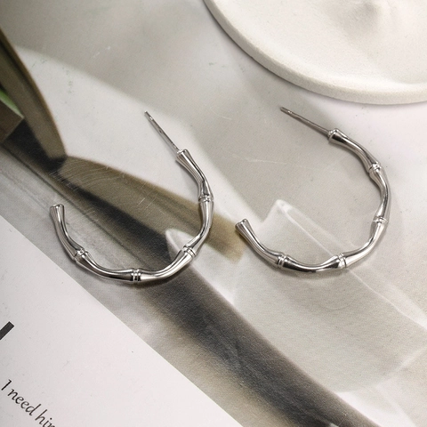 Stainless Steel Hoop Stud Earrings Silver Color C-Shaped Bamboo Twist Rope Heart Lava Irregular Fashion Minimalist For Women