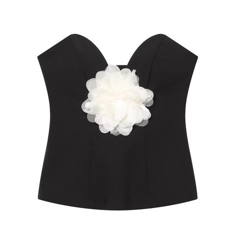 Elegante Top De Tubo Sin Tirantes Mujer Negro Blanco Color Contraste Flor Grande 3D Bandeau Ajustado Fiesta Poliéster