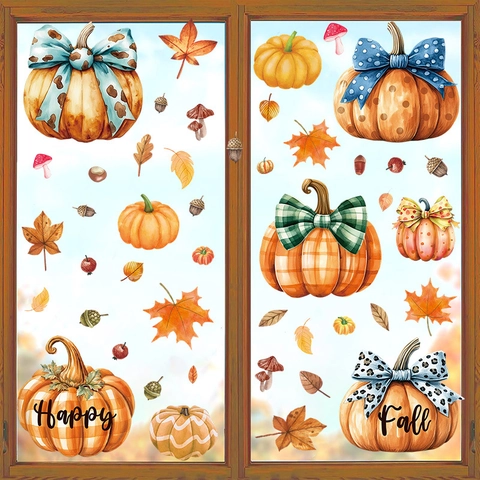 Fall Pumpkin Window Clings Watercolor Maple Leaves Mushroom Acorn Static Decals For Thanksgiving Home Glass Decor PVC