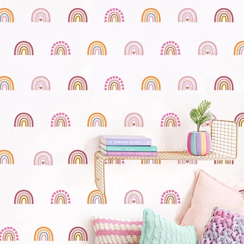 Autocollants Muraux Arc-En-Ciel Bohème Cœur PVC Décoration Chambre Enfant Nursery Dessinés Main