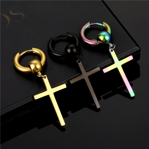 Stainless Steel Cross Pendant Hoop Earrings Punk Gothic Hinged Dangle Earring For Men And Women Polished Finish