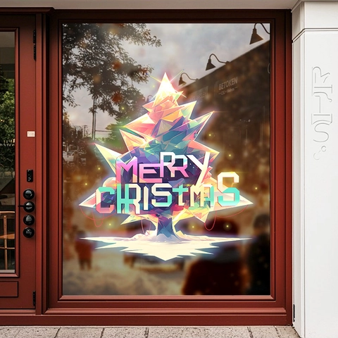 Adesivi Finestra Albero Di Natale Adsorbimento Statico PVC Vetrofania Geometrica Colorata Decorazione Per Vetro Negozio Festa