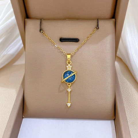 Collana Con Pendente Pianeta Cielo Stellato Catena In Acciaio Inossidabile Rame Zircone Blu Glitter Galassia Gioielli Clavicola Donna Elegante