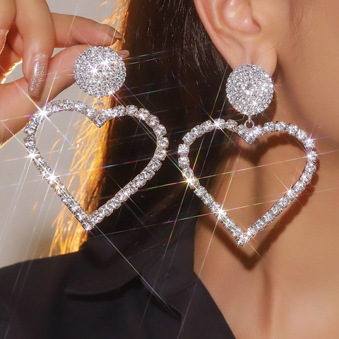 Fashion Rhinestone Heart Drop Earrings For Women Elegant Tassel Earrings With Stainless Steel Post Valentine Day Jewelry Gift