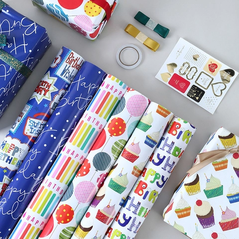 Happy Birthday Gift Wrapping Paper Cartoon Cake Balloon Candle Patterns Copperplate Paper For Party Favors Decor