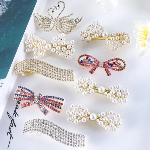 Elegant Rhinestone Artificial Pearl Hair Clips Bowknot Swan Wave Metal Spring Barrettes Korean Style Headwear For Women