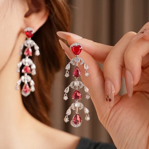 Pendientes Colgantes Corazón Rojo Gota De Agua Circón Cobre Borla Lujo Vintage Estilo Corte Postes De Plata