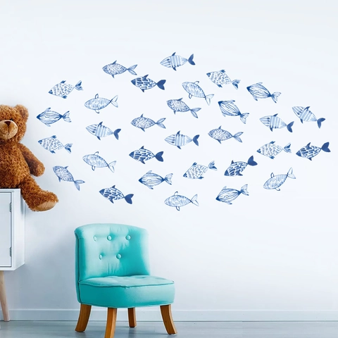 Mediterranean Style Blue Sea Fish Wall Stickers PVC Self Adhesive Ocean Life Decals For Nursery Bedroom Decor