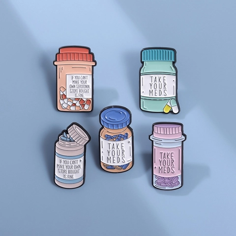 Cartoon Medicine Bottle Alloy Enamel Pins Mental Health Quotes Take Your Meds Lapel Pin Badge For Backpack Jacket Decor