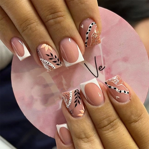 White French Press On Nails With Black Leaf Patterns And Rose Gold Glitter Accents Short Square Artificial Nails Kit For Women Nail Art
