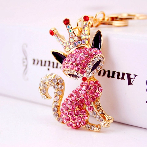 Crown Fox Keychain Zinc Alloy Sparkling Rhinestones Cartoon Animal Pendant For Handbags Backpacks Gifts For Women Girls