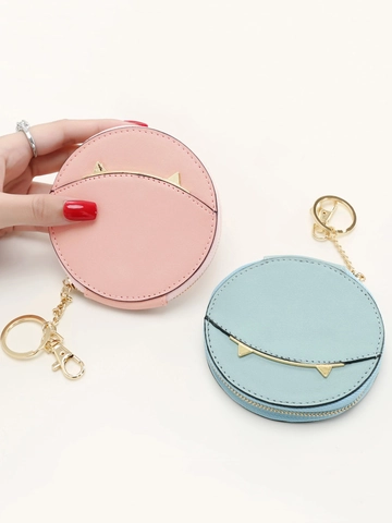 Mini Round Coin Purse PU Leather Cat Ears Metal Clasp Keychain Zipper Small Wallet For Women Girls Cute Daily Storage