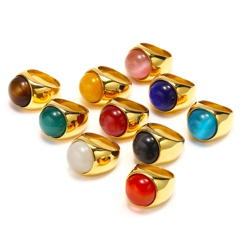 Punk Stainless Steel Ring With Round Cat Eye Stone Gold Plated Vintage Retro Jewelry Accessory For Men Women Unisex