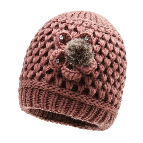Berretto In Maglia Invernale Da Donna Foderato In Pile Ispessito Termico Antivento Pompon Pelliccia Sintetica Fiore