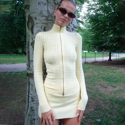 Pull En Tricot Ajusté Pour Femmes Avec Fermeture Éclair Manches Longues Col Montant Torsadé Chic Automne Hiver