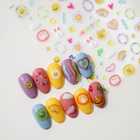 3D Embossed Nail Art Stickers Colorful Cartoon Smile Rabbit Heart Rainbow Self Adhesive PET Manicure Decoration Cute