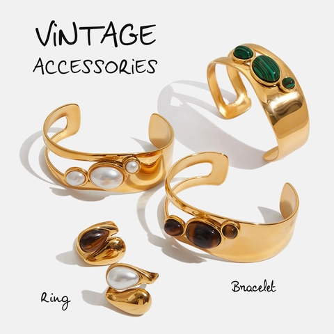 Vintage Stainless Steel Bracelet Ring Jewelry Women 18K Gold Plated Malachite Tiger Eye Artificial Pearl Hollow Open Cuff Waterproof