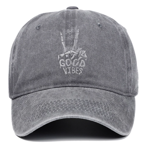 Casquette De Baseball En Coton Lavé Vintage Rétro Good Vibes Broderie Main De Squelette Réglable Chapeau Streetwear