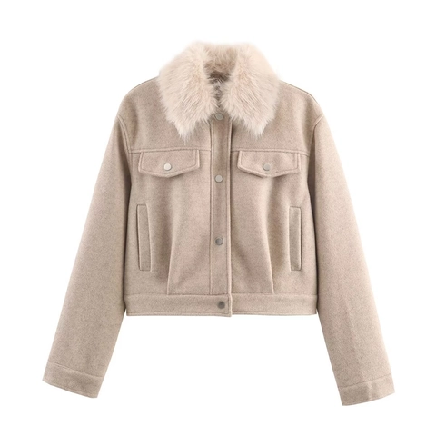 Giacca Corta da Donna con Collo in Pelliccia Sintetica Tasca a Bavero Tinta Unita Cappotto Largo in Tessuto di Lana Streetwear