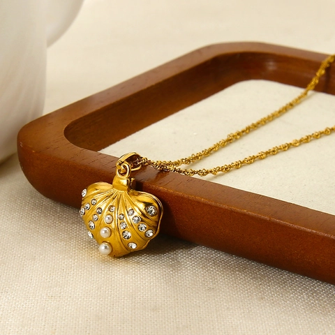Collar De Acero Inoxidable Chapado En Oro De 18K Para Mujer Con Colgante De Concha Perla Artificial Circonia Joyería