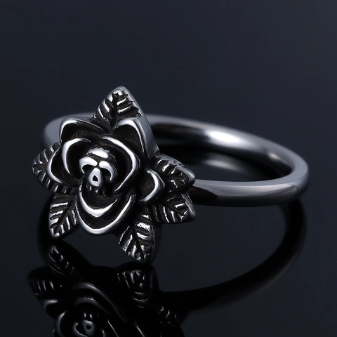 Vintage Gothic Skull Rose Ring For Men Women Stainless Steel Punk Flower Band Retro Silver Jewelry Accessory