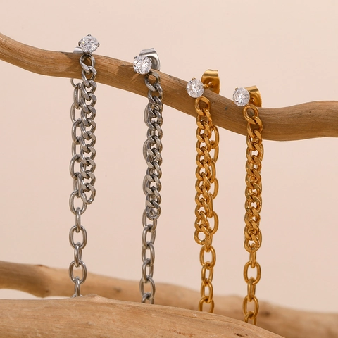Minimalistische Kette Quaste Ohrhänger 18K Vergoldeter Edelstahl Mit Zirkonia Geometrischer Anhänger Für Damen