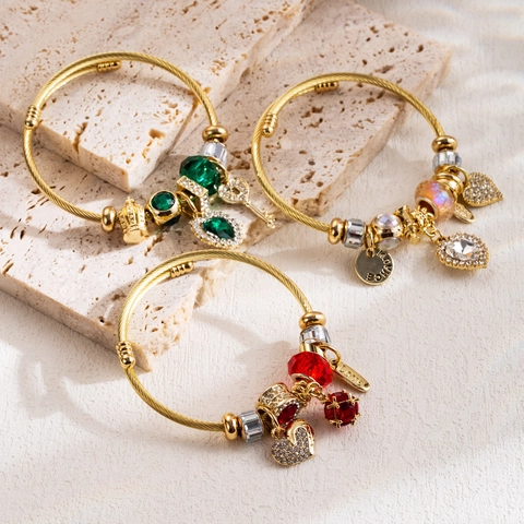 Fashion Charm Bracelet Alloy Stainless Steel Beaded Twisted Wire Open Cuff Heart Pendant Rhinestone Crystal Women Jewelry