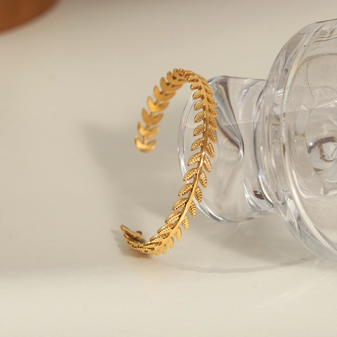 Weizenähre Blatt Form Offener Armreif Armband Titanstahl Vergoldet Vintage Schmuck Für Damen