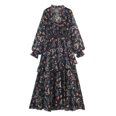 Abito Maxi A Balze Con Stampa Paisley Da Donna Scollo A V Manica Lunga Cintura Chiffon Vintage