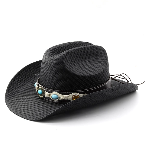Cappello Da Cowboy Western In Paglia Con Cintura In Pelle Turchese Tesa Larga Sfumato Stile Vintage Per Uomo Donna