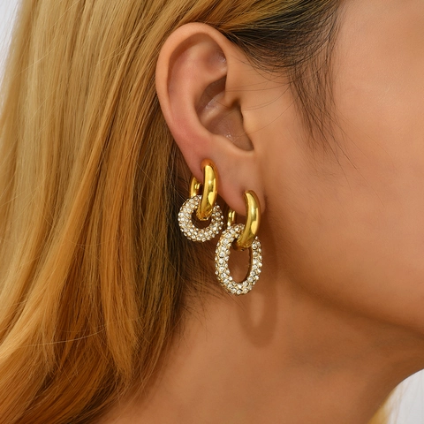 Stainless Steel 18K Gold Plated Pave Rhinestone Geometric Oval Hoop Earrings Asymmetric Double Ring Ear Buckle Jewelry For Women