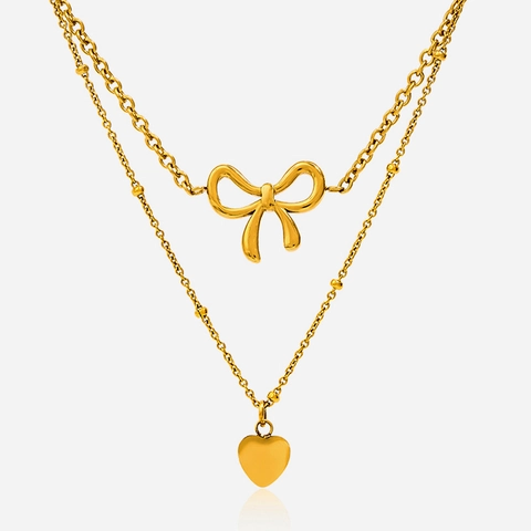 Doppelschichtige Edelstahl Halskette Mit Schleife Herz Anhänger 18K Vergoldet Süßer Romantischer Schmuck Für Damen Geschenk