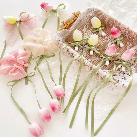 Tulip Flower Ribbon Hair Clips Fabric Lace Artificial Pearl Duckbill Clip Streamers Sweet Fairy Style Women Elegant Accessory