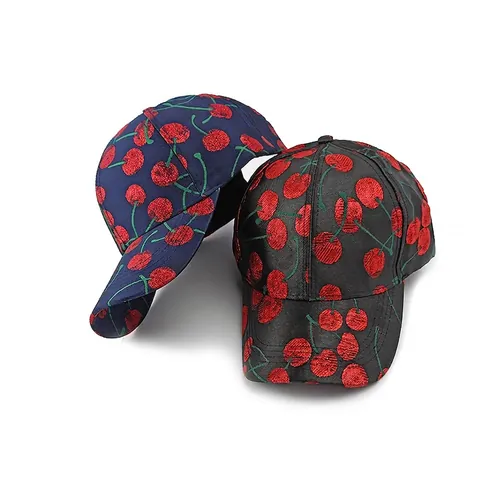 Women Fashion Cherry Jacquard Baseball Cap Hard Top Curved Brim Adjustable Sun Protection Polyester Outdoor Leisure Hat