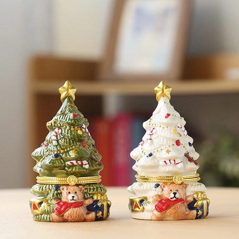 Christmas Tree Shaped Jewelry Box Painted Ceramic Trinket Box With Teddy Bear Figurine Hinged Storage Ornament For Home Decor Festive Gift