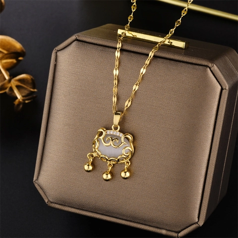 Ruyi Safety Lock Pendant Necklace Titanium Steel With Simulated White Jade Zircon And Bells Chinese Style For Women