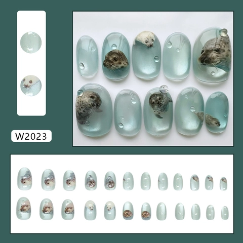 Cute Seal Summer Ocean ABS Plastic Press On Nails 3D Water Drop Light Blue Cat Eye Effect Oval Detachable Fake Nails