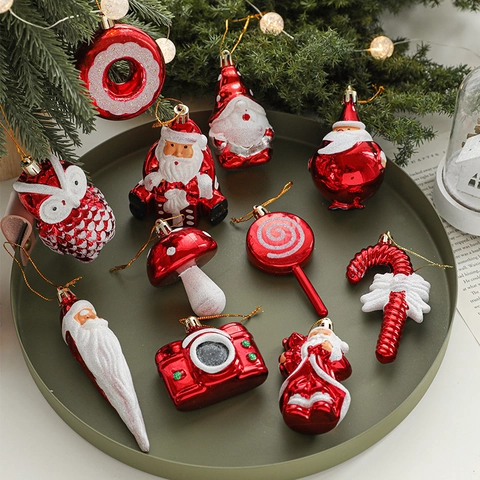Christmas Tree Hanging Ornaments Red White Plastic Glitter Santa Candy Cane Festive Holiday Party Decoration