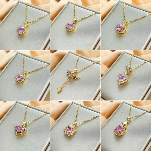 Pink Zircon Pendant Necklace Titanium Steel Gold Plated Luxury Fashion Clavicle Chain Jewelry For Women