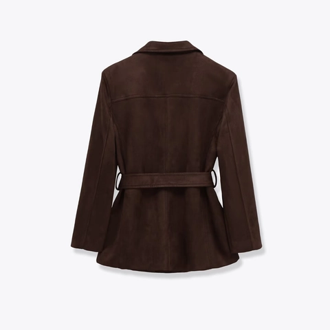 Chaqueta De Gamuza Sintética Para Mujer Con Cinturón Manga Larga Solapa Color Sólido Streetwear Vintage Abrigo Marrón Oscuro