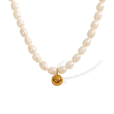 Zoetwaterparelketting Met Roestvrijstalen Gouden Bal Hanger Elegante Sleutelbeenketting Voor Dames Mode Sieraden