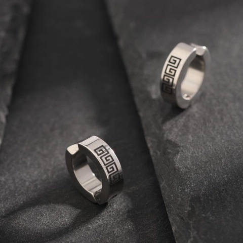 Men Stainless Steel Ear Clips Non Pierced Hoop Earrings Greek Meander Roman Numeral Rune Vintage Punk Jewelry Unisex