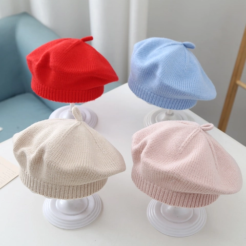 Knitted Baby Beret Hat Soft Warm Cotton Solid Color Sweet Flower Decor For Toddler Girls Boys Infant