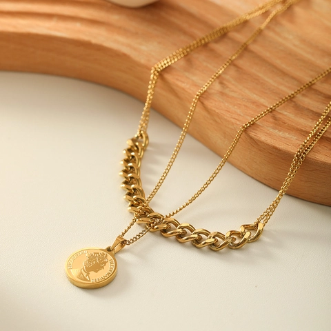 Collana A Strati Acciaio Inossidabile Placcato Oro 18K Catena Grumetta Ciondolo Moneta Ritratto Retro Antico Per Donne