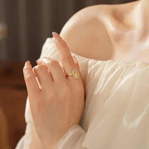 Fleur-De-Lis Offener Ring Kupfer Vergoldet Weiße Zirkonia Oval Retro Französischer Stil Verstellbarer Schmuck Damen